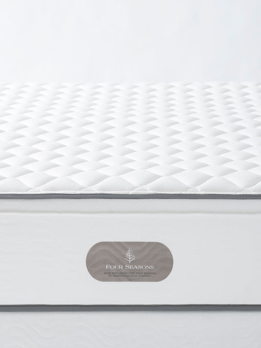 Signature Firm Mattress—close-up of quilted top, grey piping, and oval brand plaque on the side.