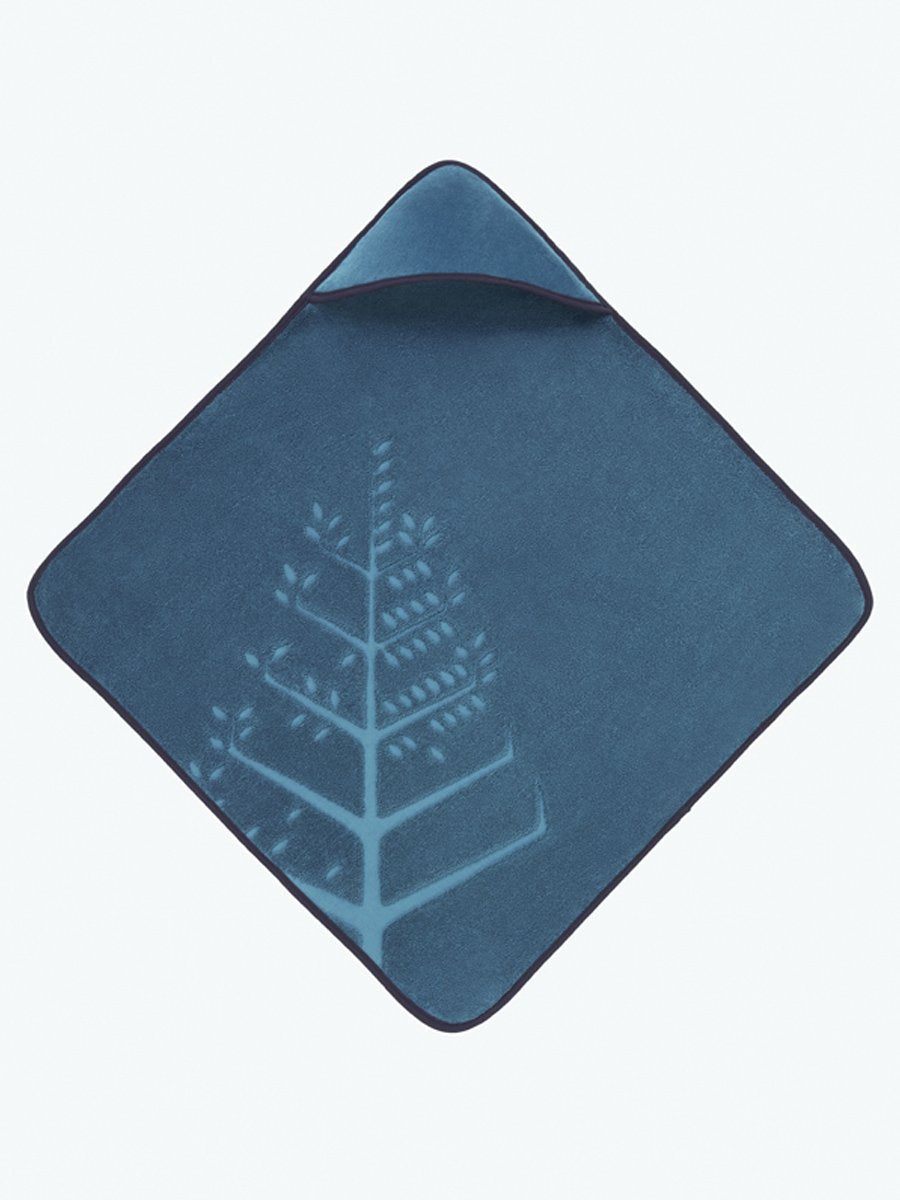 Soft and absorbent hooded baby towel in a calming blue shade, featuring an embroidered Four Season logo. - {{Underwater Blue / Mountain Grey}}