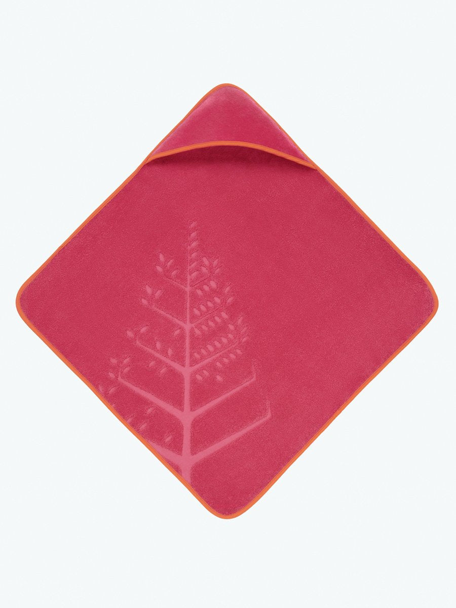 Soft and absorbent baby hooded towel in "Coral Reef Pink" with embroidered Four Season logo. - {{Coral Reef Pink / Mountain Grey}}