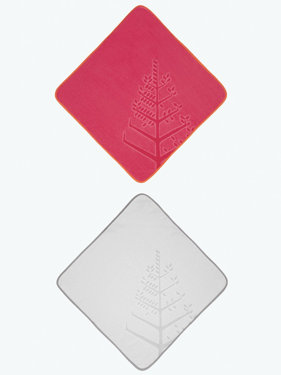 Two baby hooded towels: one in a vibrant Coral Reef Pink and one in a soft Mountain Grey, each featuring an embroidered Four Seasons logo. - {{Coral Reef Pink / Mountain Grey}}
