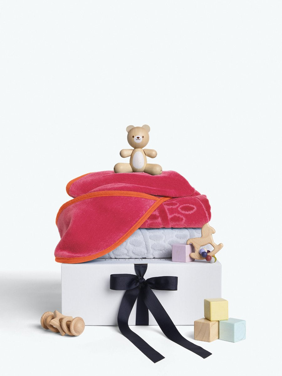A gift box that includes a set of luxurious baby towels, including a hooded towel - {{Coral Reef Pink / Mountain Grey}}