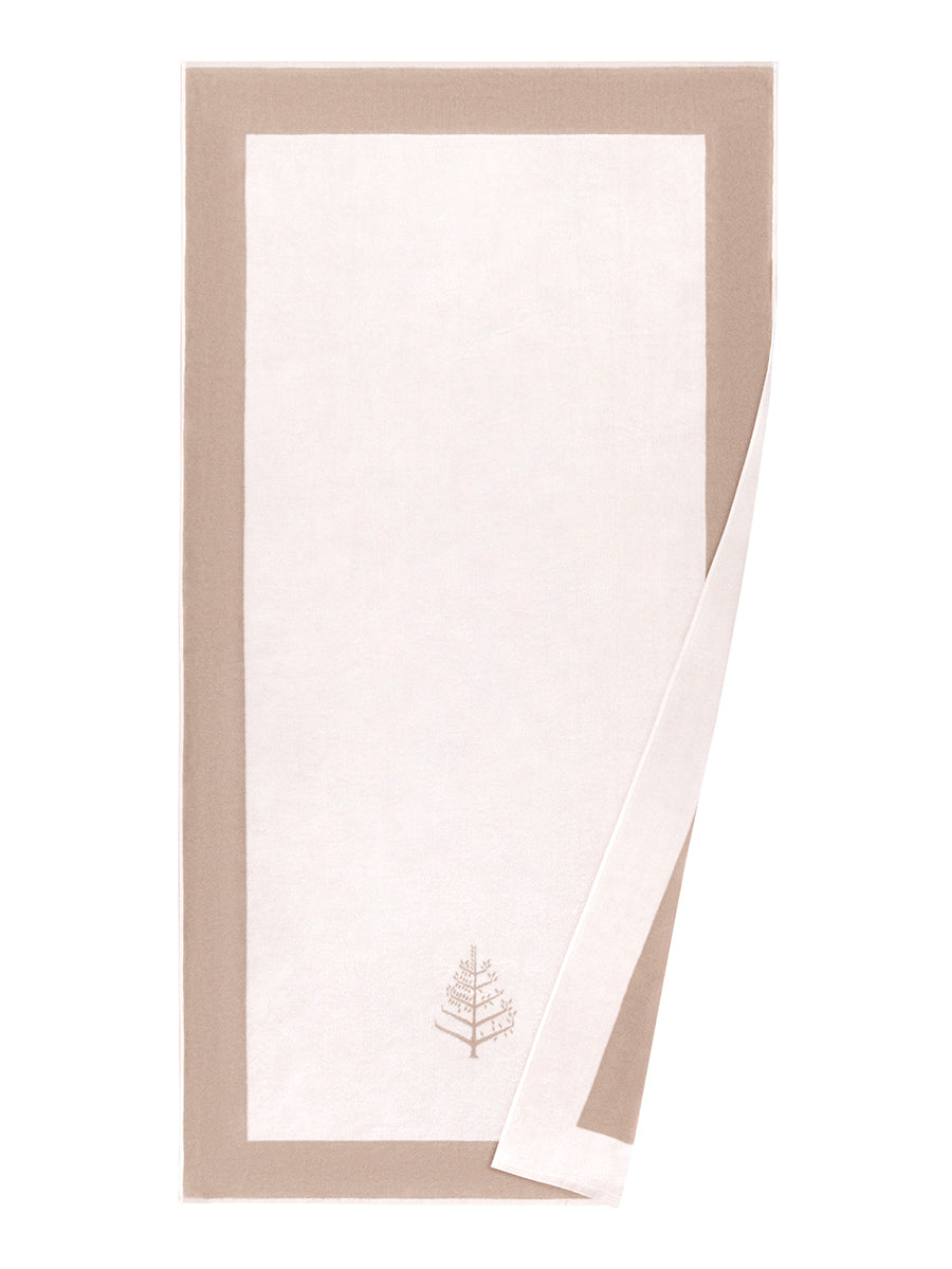 A "Californian Driftwood" Resort Towel with a subtle embroidered Four Seasons logo. The towel features a darker border and is folded on a white background. - {{Californian Driftwood}}