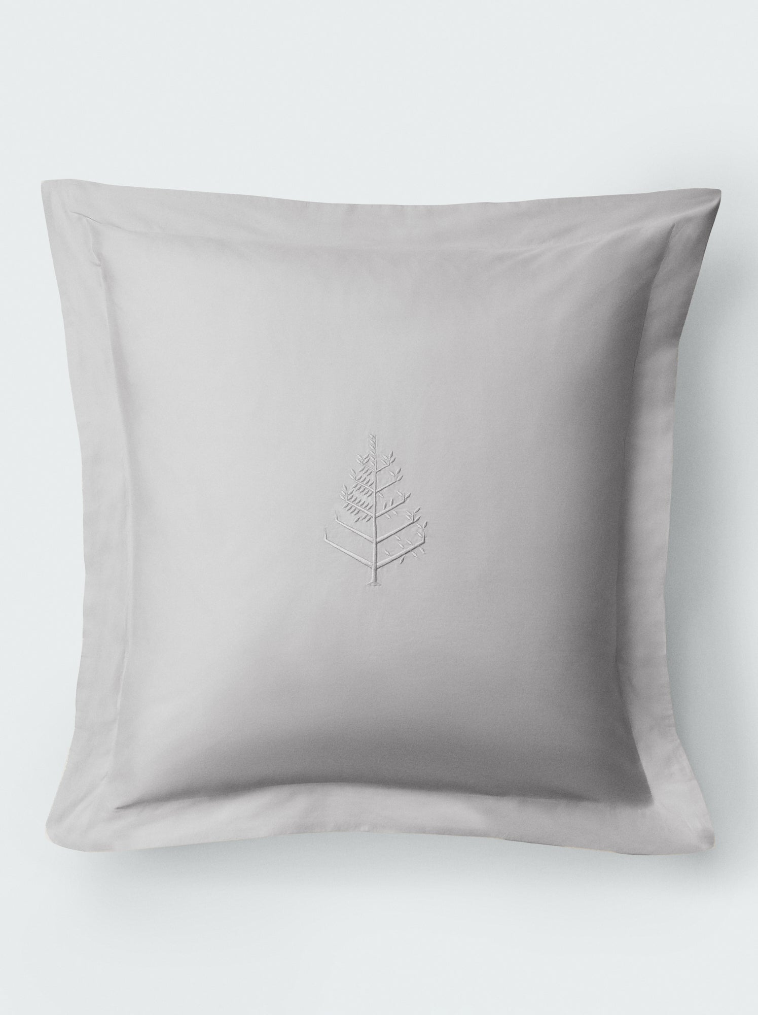 Turkish Silver euro sham with flange, centered embroidered store logo on smooth fabric. {{Turkish Silver}}