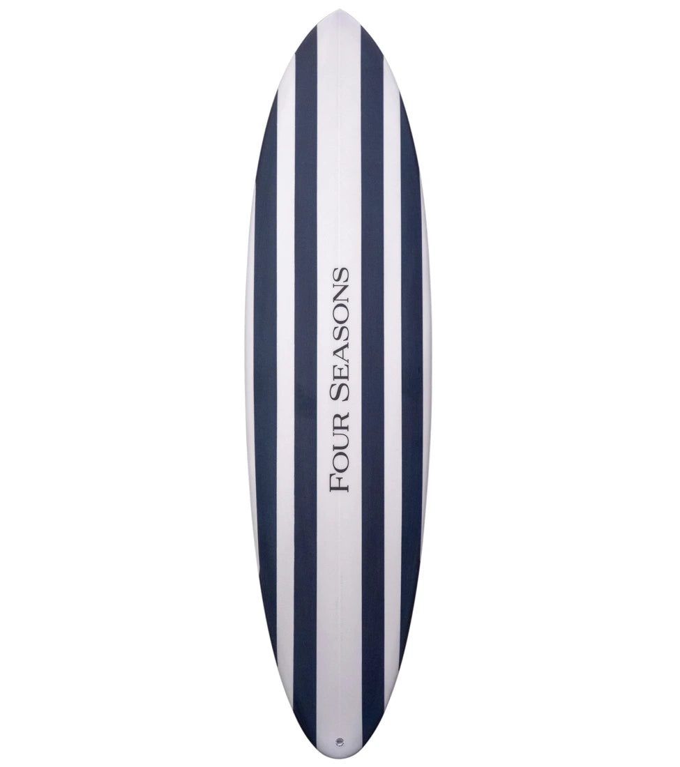 Surfboard with blue and white stripes and 'Four Seasons' branding on a white background - {{Maritime Navy}}