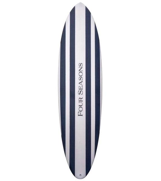 Surfboard with blue and white stripes and 'Four Seasons' branding on a white background - {{Maritime Navy}}