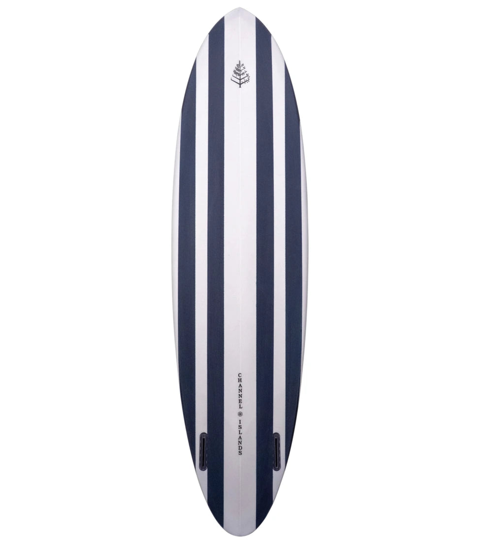 Surfboard with blue and white stripes and 'Four Seasons' branding on a white background - {{Maritime Navy}}