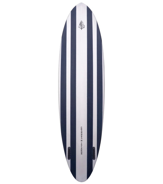 Surfboard with blue and white stripes and 'Four Seasons' branding on a white background - {{Maritime Navy}}