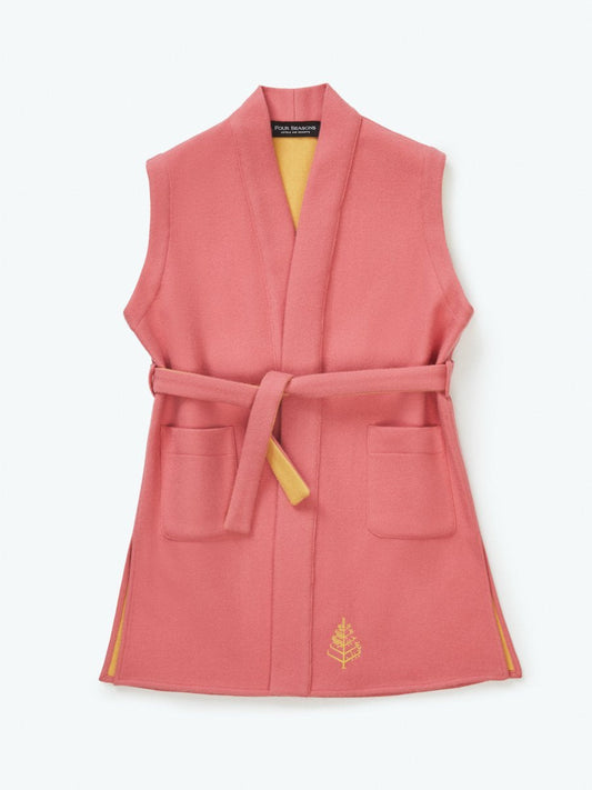 Front view of Four Seasons Resort children's sleeveless lightweight wool robe, pink with yellow interior, elegant and stylish - {{Coral Reef Pink}}