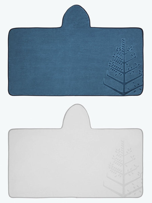 Two children's hooded towels, one in "Underwater Blue" and one in "Mountain Grey", laid flat with the hoods folded over, and embroidered Four Seasons logo. - {{Underwater Blue / Mountain Grey}}