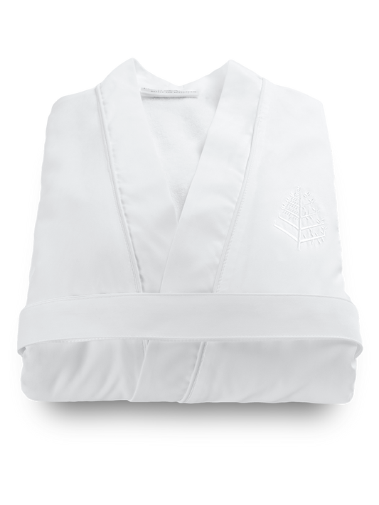 Four Seasons Spa Robe, white, plush microfiber terry lining, refined tonal piping, tailored fit, Four Seasons logo embroidered on chest