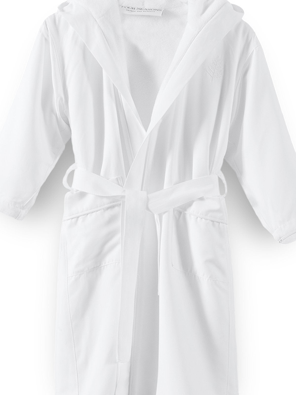 Kids' robe, front, white, 100% microfiber, kimono style, attached hood, flame retardant lining, Four Seasons logo embroidered on chest