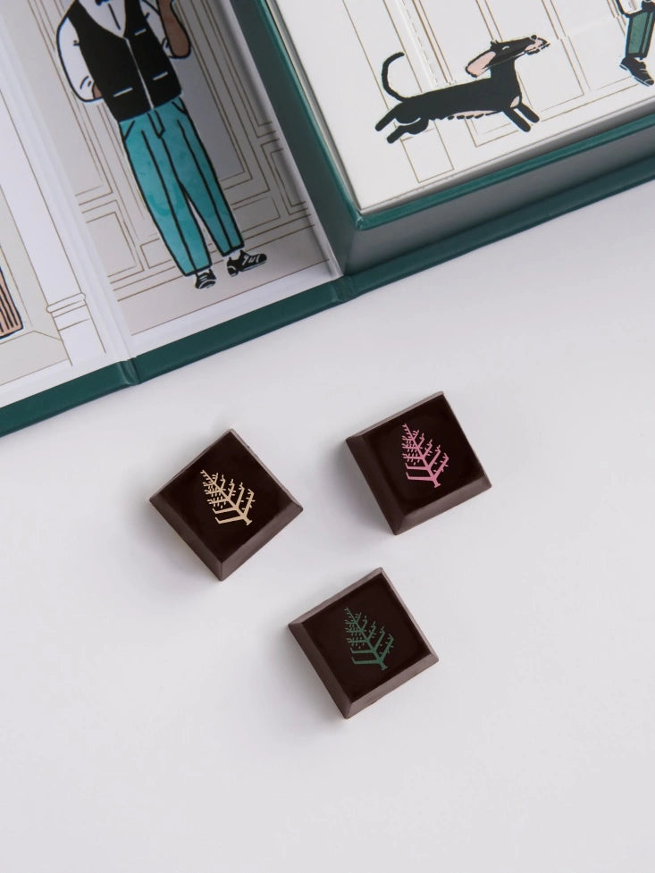 Three chocolate pieces with the Four Seasons Logo on a white surface, with the chocolate advent calendar featuring similar illustrations in the background.