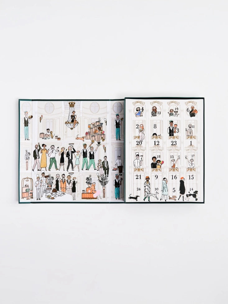 Illustrated Four Seasons Chocolate Advent Calendar calendar with character designs on a white background.