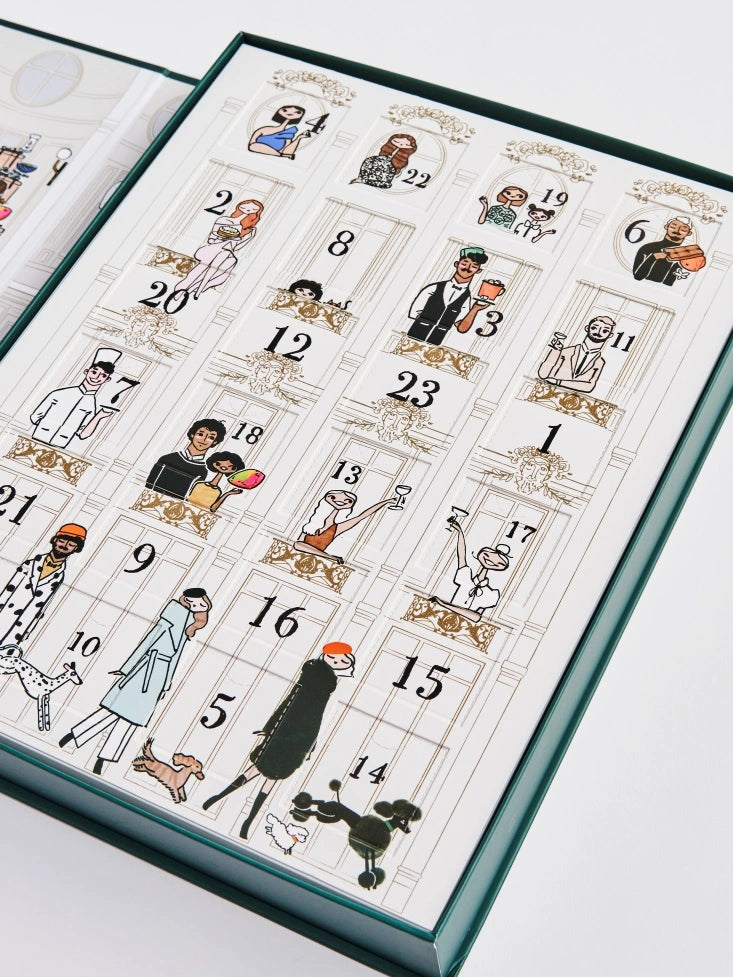 Illustrated Four Seasons Chocolate Advent Calendar calendar with character designs on a white background.