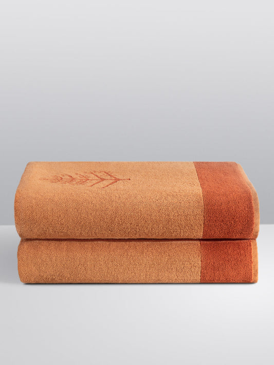 Two folded Resort Towels in an "Arabian Terracotta" color, featuring an embroidered Four Seasons logo. The towels are stacked on a white surface. - {{Arabian Terracota}}