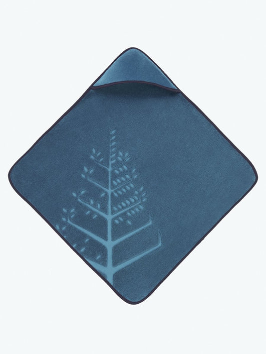 Soft and absorbent hooded baby towel in a calming blue shade, featuring an embroidered Four Season logo. - {{Underwater Blue / Mountain Grey}}