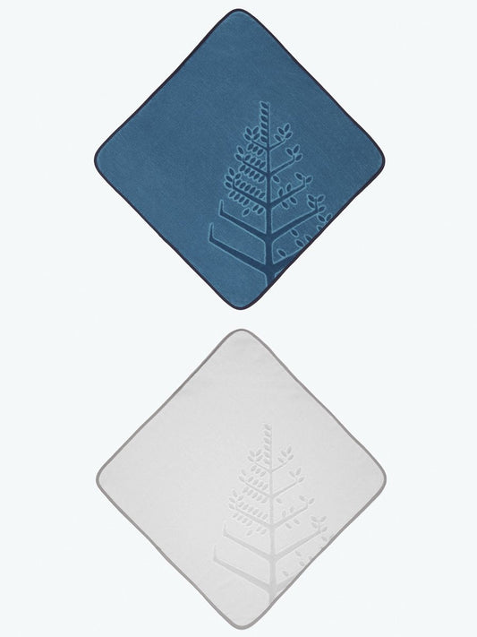 Two baby hooded towels, one in a "Underwater Blue" shade and one in "Mountain Grey," each with an embroidered Four Season logo. - {{Underwater Blue / Mountain Grey}}