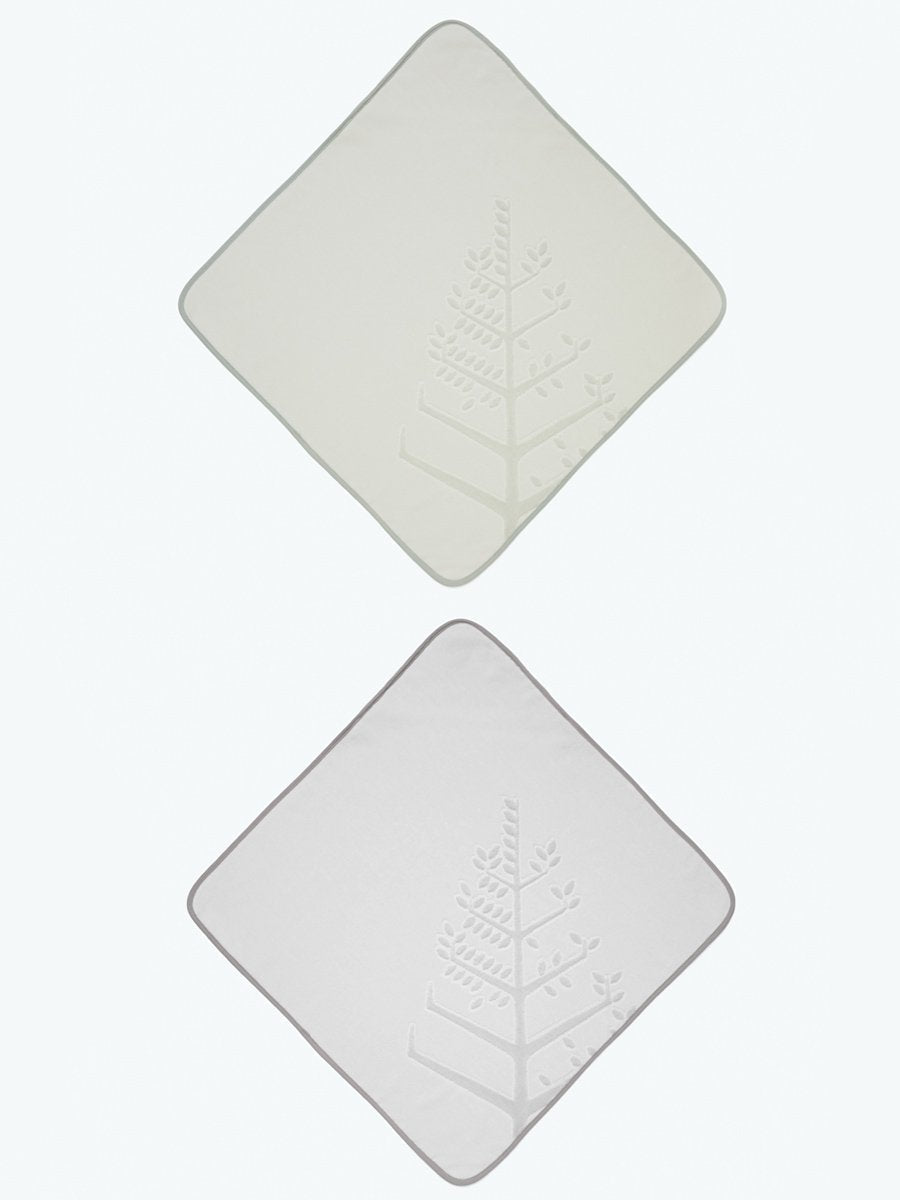 Two baby hooded towels, one in a "Safari Sage" shade and one in "Mountain Grey" each with an embroidered Four Season logo. - {{Safari Sage / Mountain Grey}}