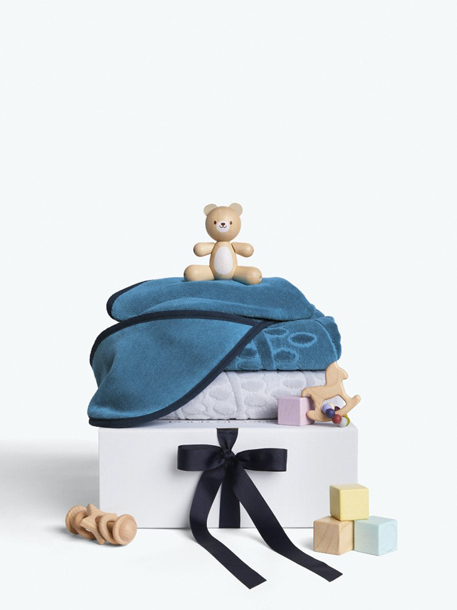 Four Seasons Baby Hooded Towel Set, 2-piece, organic cotton, blue, soft velour front, terry back, cozy for bath time - {{Underwater Blue / Mountain Grey}}