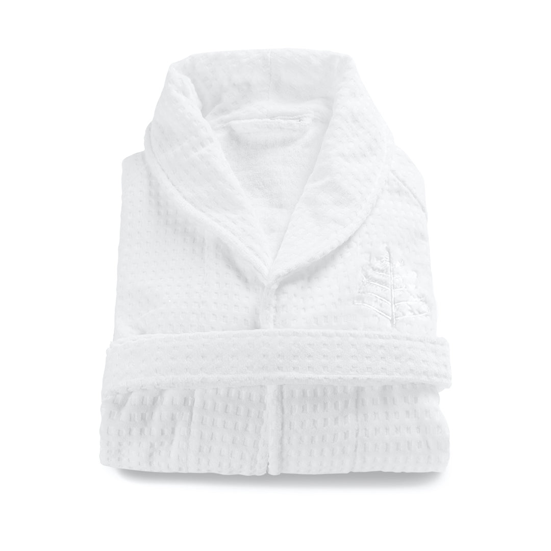 Four Seasons Bath Robe, 100% velour jacquard cotton, white, streamlined tailored fit, double belt-loop, Four Seasons logo embroidered on chest
