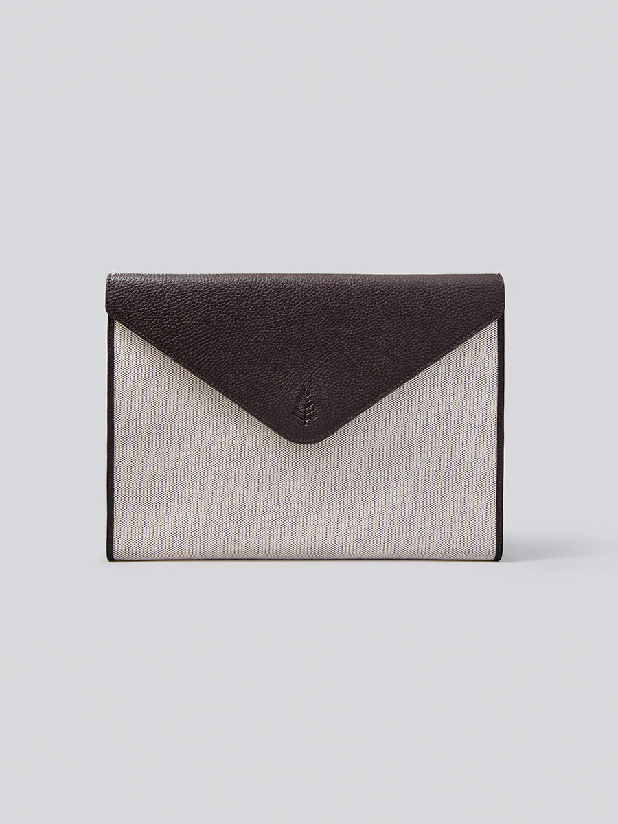 Four Seasons Laptop Sleeve, grey organic cotton toile, brown Italian pebble grain leather, 14-inch padded case, luxury travel accessory - {{Malaysian Cocoa}}