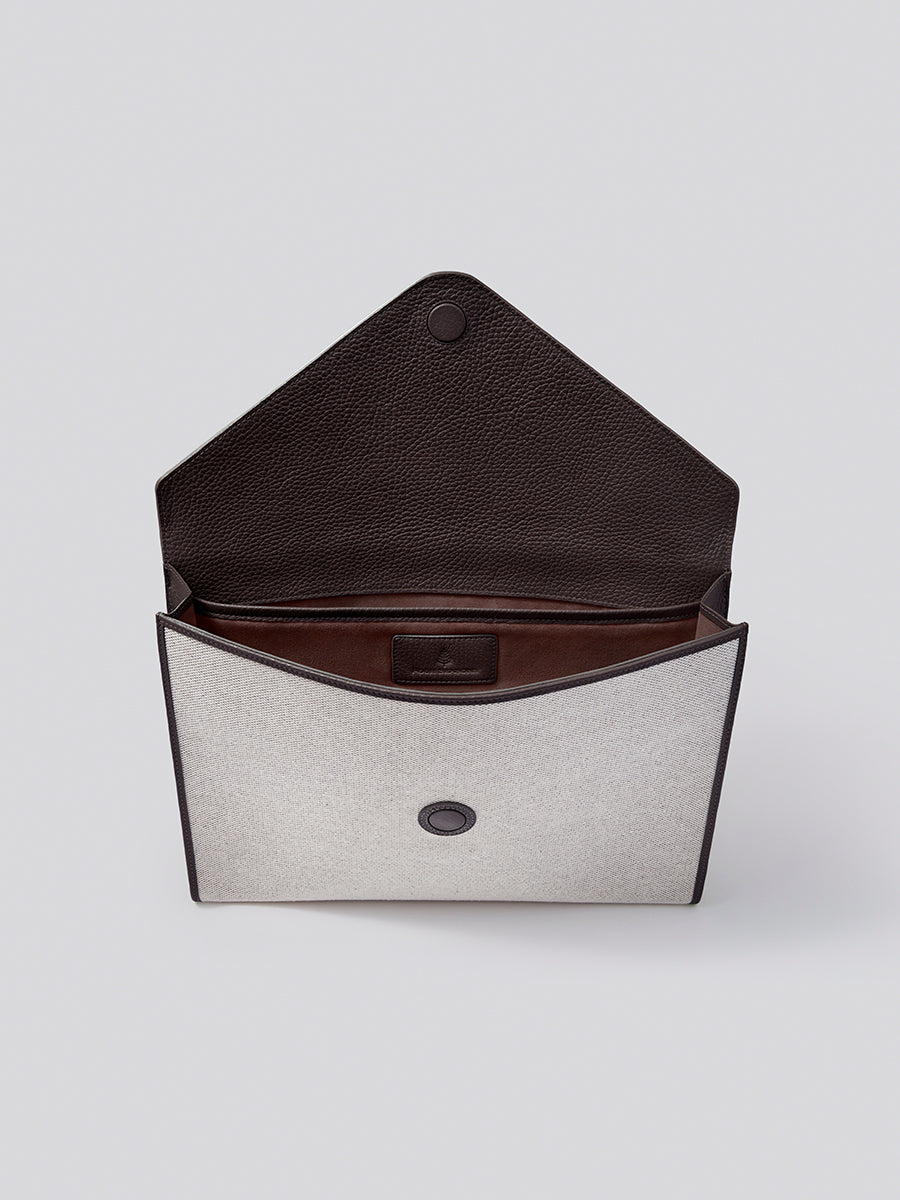 The Laptop Sleeve in Malaysian Cocoa from the Four Seasons Travel Collection with the interior visible. - {{Malaysian Cocoa}}