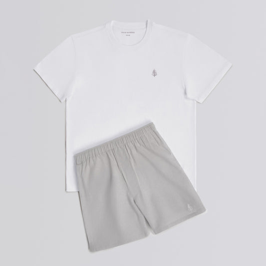 White t-shirt and balinese pearl pajama shorts on a light gray background {{Balinese Pearl}}
