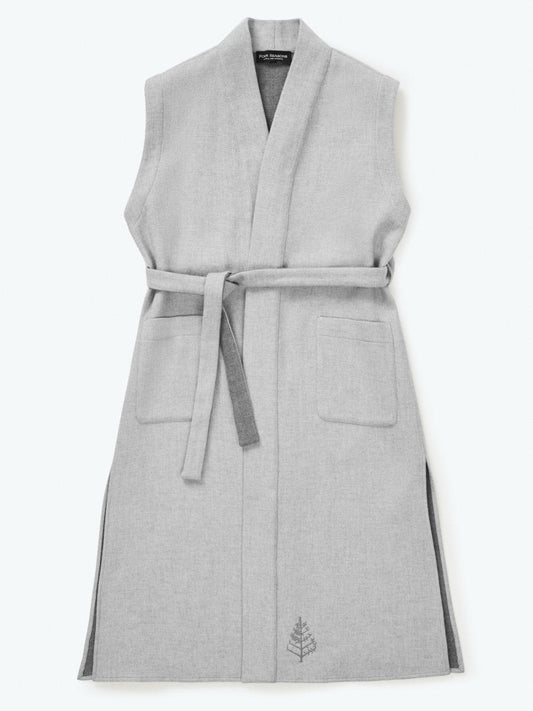 Front view of a Four Seasons Resort, sleeveless, lightweight Italian wool robe, grey, elegant, stylish and elegant design. - {{Singapore Mist}}