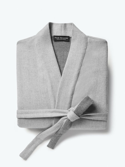 Four Seasons Hooded Robe, mid-length, bamboo cotton interior, grey exterior, neutral colorway, Four Seasons tree motif embroidered, soft and stylish - {{Singapore Mist}}