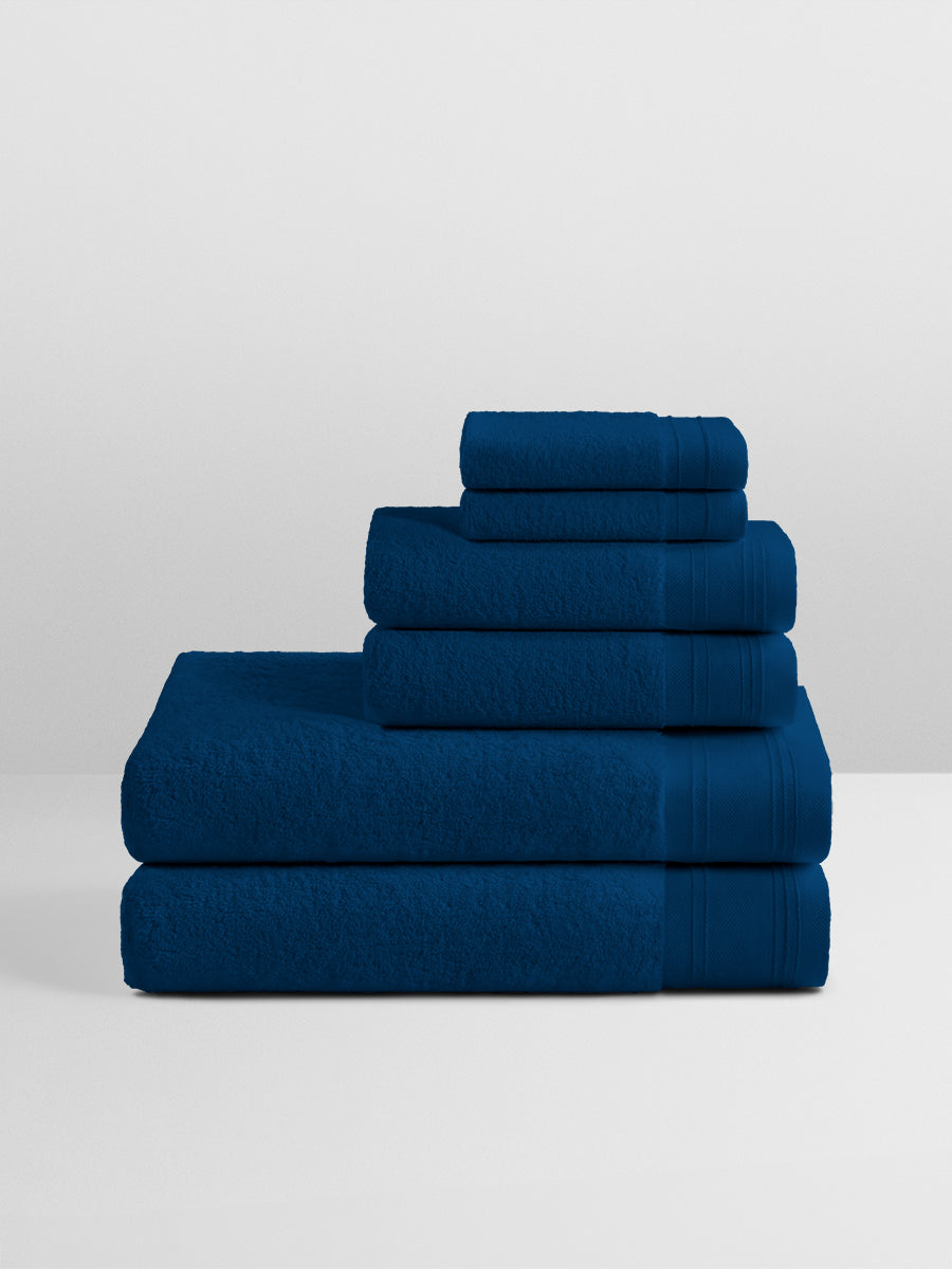 6-piece colored towel set in Riviera Navy, Finished with a cotton jacquard border.