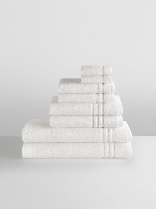 Four Seasons Bath Towel Ensemble, white, 8-piece set, 100% combed low twist cotton terry with dobby border - {{Signature White}}