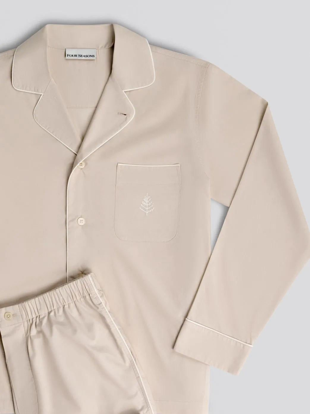 Balinese Pearl pajama set with white piping on a light gray background {{Balinese Pearl}}
