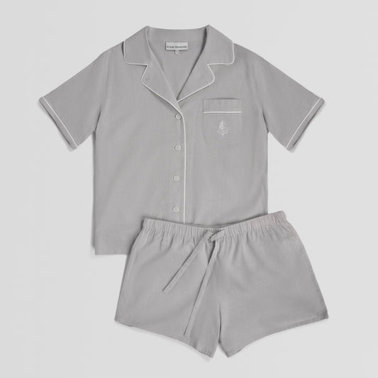 Balinese pearl pajama set with shirt and shorts on a light gray background {{Balinese Pearl}}