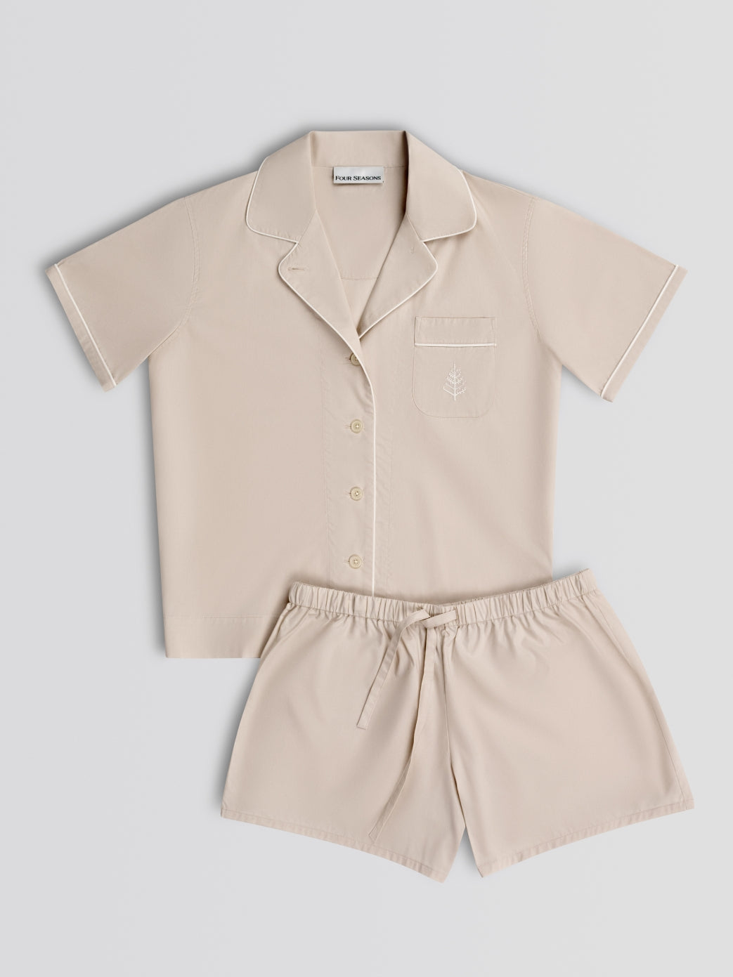 Balinese pearl pajama set with shirt and shorts on a light gray background {{Balinese Pearl}}