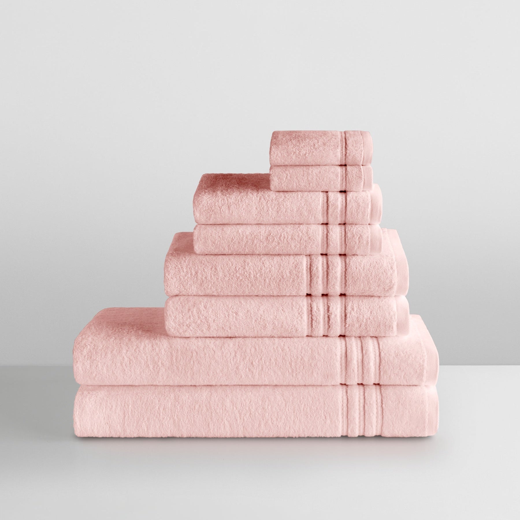 Towel Ensemble Set in Kyoto Blush— 8-piece stack (bath sheets, bath towels, hand towels, wash cloths) with patterned dobby border - {{Kyoto Blush}}