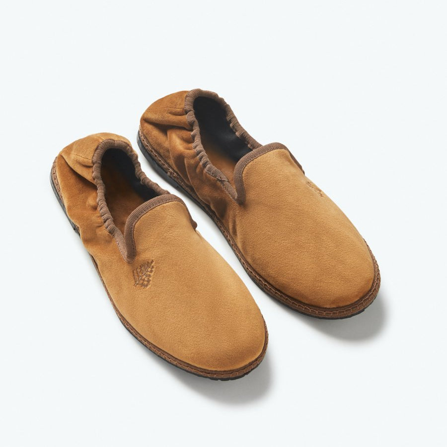Close-up of the Four Seasons Velvet Slippers in Egyptian Camel, showcasing the luxurious velvet fabric and artisanal hand-stitching. - {{Egyptian Camel}}