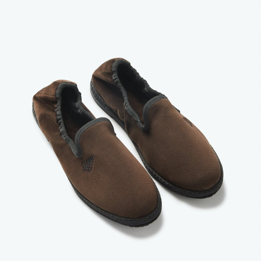Four Seasons velvet slippers, dark brown, hand-stitched, embroidered with tonal logo, sustainable rubber sole, versatile indoor-outdoor wear - {{Hampshire Charcoal}}