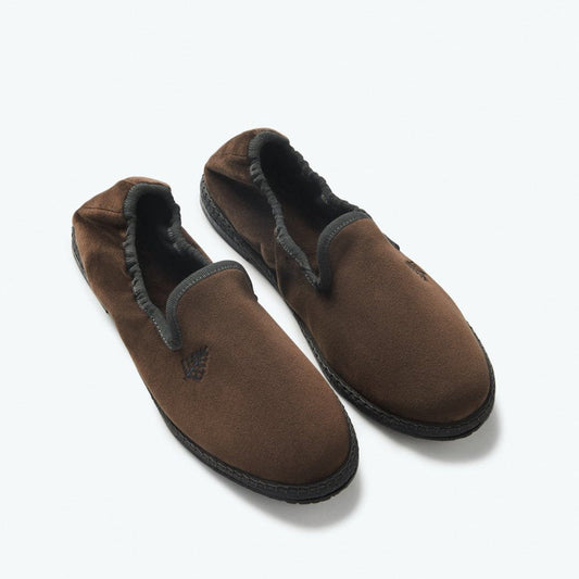 Four Seasons velvet slippers, dark brown, hand-stitched, embroidered with tonal logo, sustainable rubber sole, versatile indoor-outdoor wear - {{Hampshire Charcoal}}