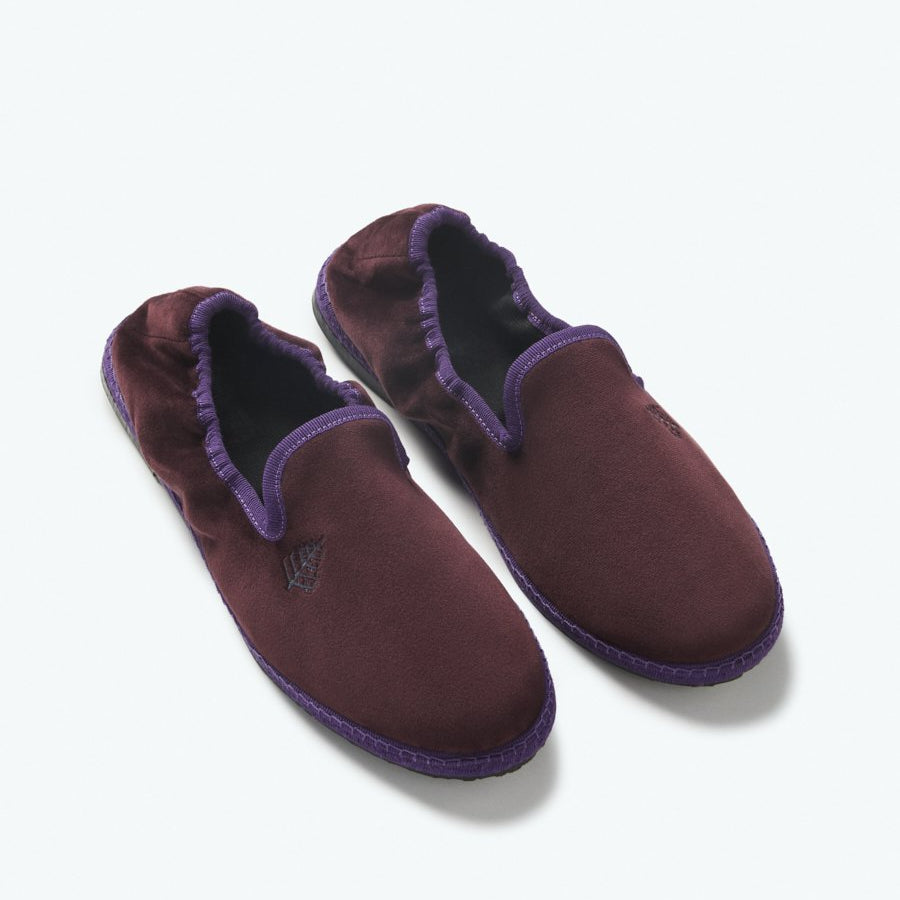 Close-up of the Four Seasons Velvet Slippers in Napa Cabernet, showcasing the luxurious velvet fabric and artisanal hand-stitching. - {{Napa Cabernet}}