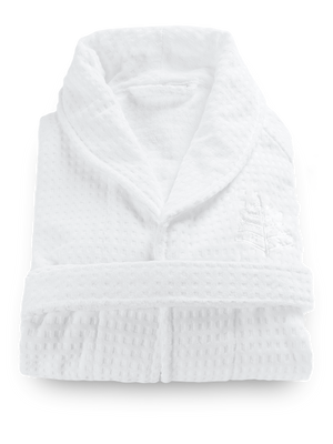 Four Seasons Bath Robe, 100% velour jacquard cotton, white, streamlined tailored fit, double belt-loop, Four Seasons logo embroidered on chest