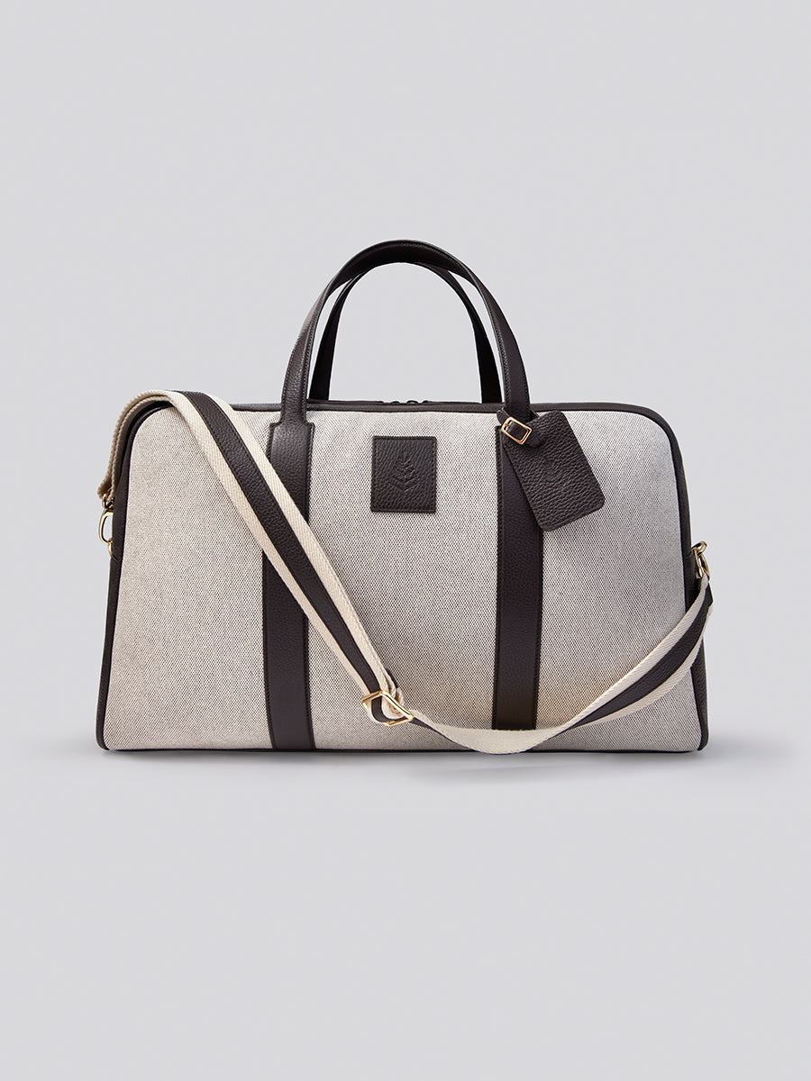 Four Seasons Bowler Bag, grey organic cotton toile, brown Italian pebble grain leather, luxury cross-body travel bag