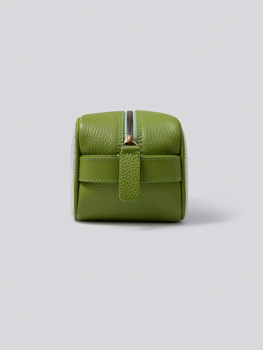 Side view of The Toiletries bag in Kyoto Matcha from the Four Seasons Travel Collection.