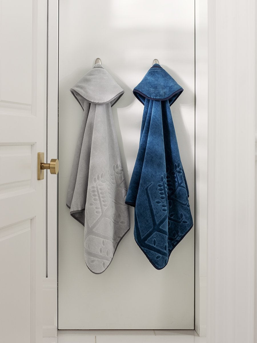 Four Seasons Children's Hooded Towel Set, 2-piece, organic cotton, blue and grey, soft velour front, terry back, cozy for bath or pool