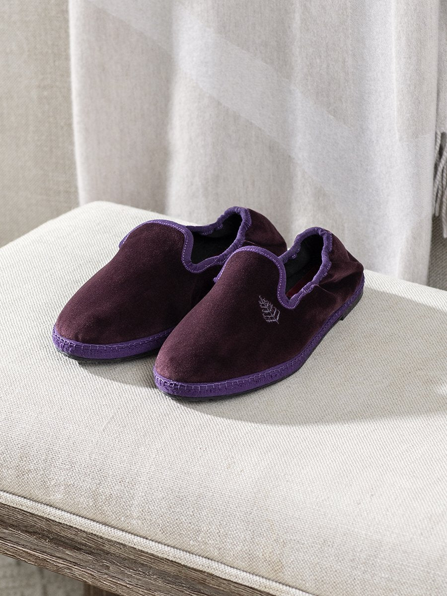 Close-up of the Four Seasons Velvet Slippers in Napa Cabernet, showcasing the luxurious velvet fabric and artisanal hand-stitching.