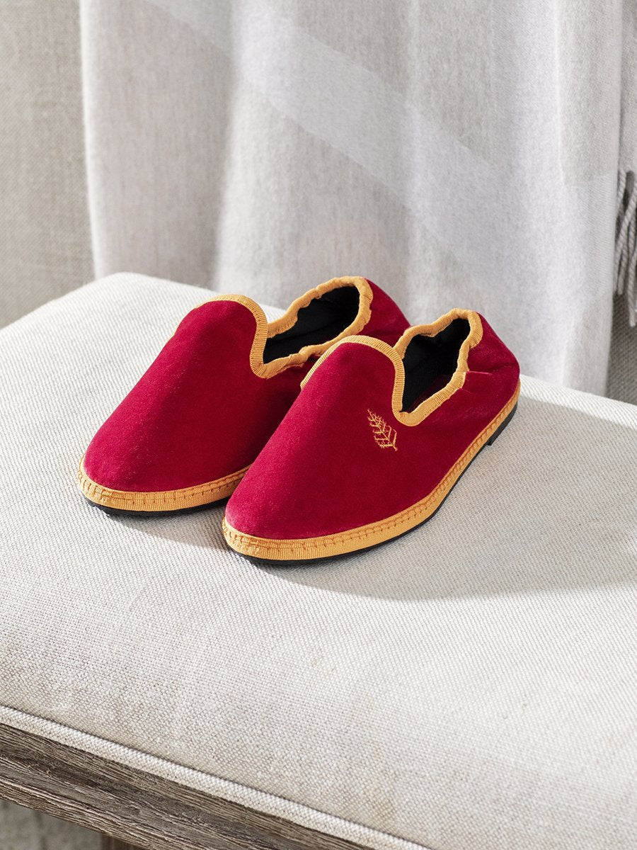 Hand-stitched Velvet Slippers in Miami Rose with a sustainable rubber sole, offering a combination of style and comfort.