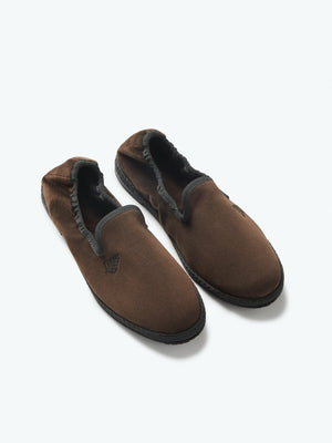 Four Seasons velvet slippers, dark brown, hand-stitched, embroidered with tonal logo, sustainable rubber sole, versatile indoor-outdoor wear