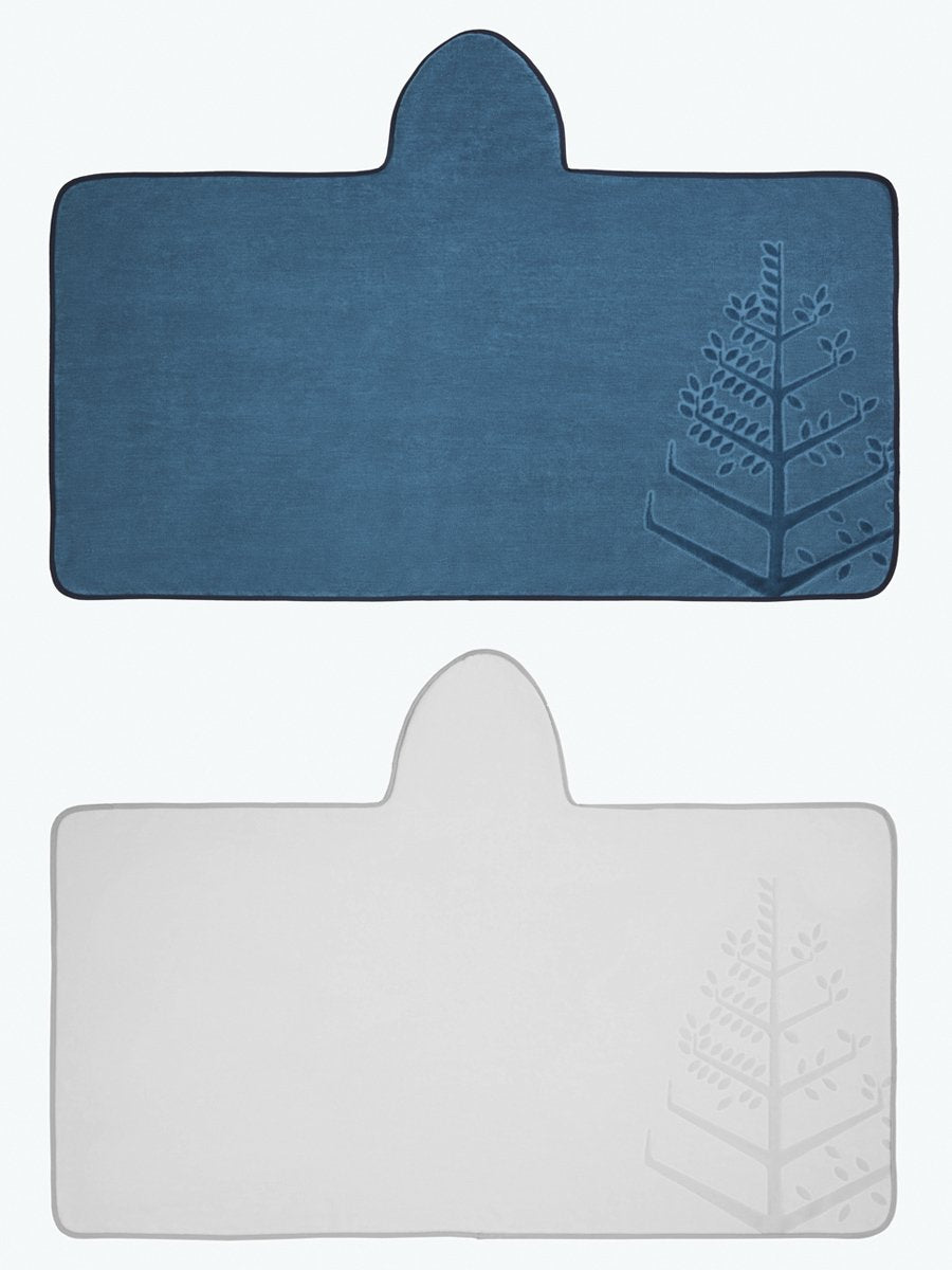 Two children's hooded towels, one in "Underwater Blue" and one in "Mountain Grey", laid flat with the hoods folded over, and embroidered Four Seasons logo.