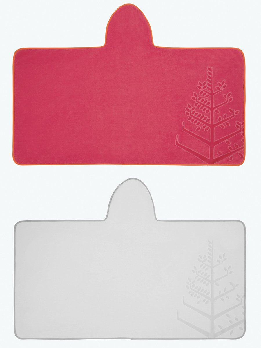 Two children's hooded towels, one in "Coral Reef Pink" and one in "Mountain Grey", laid flat with the hoods folded over, and embroidered Four Seasons logo.