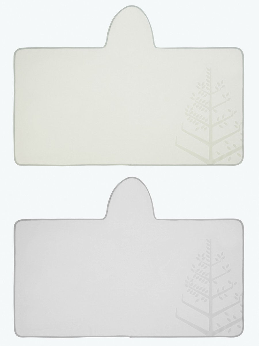 Two children's hooded towels, one in "Safari Sage" and one in "Mountain Grey", laid flat with the hoods folded over, and embroidered Four Seasons logo.